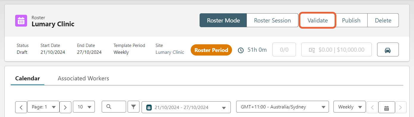 Roster period Validate button