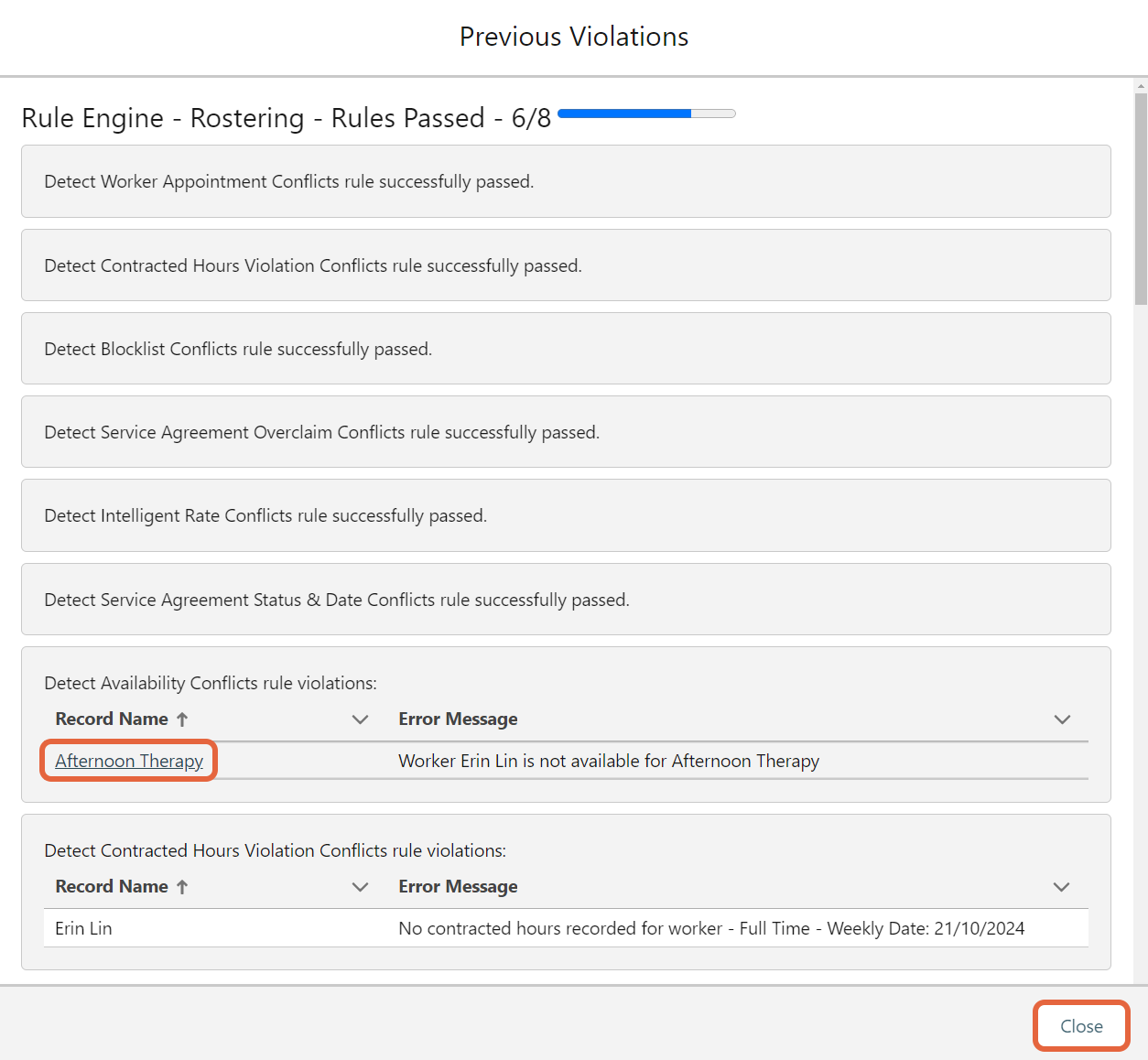 Previous violations list