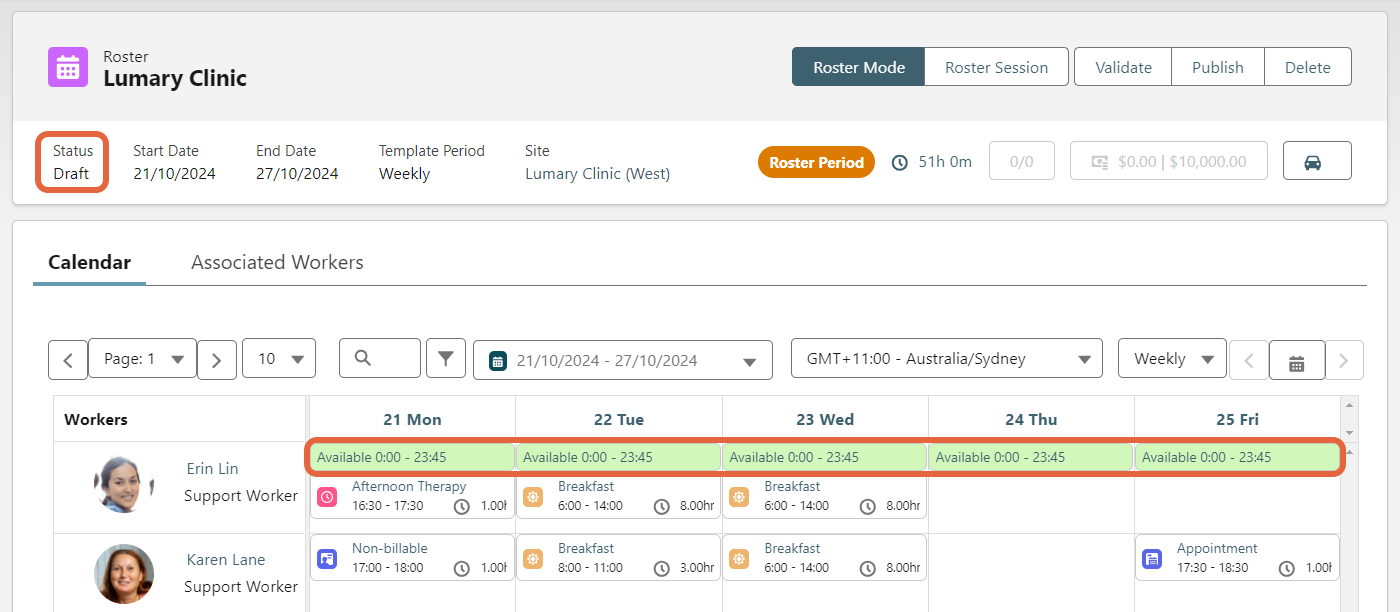 Roster period showing draft status and worker availability