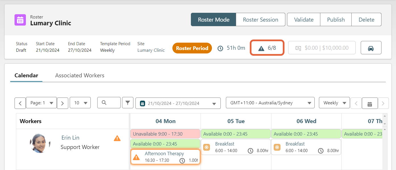 Roster period showing violations and previous violations button