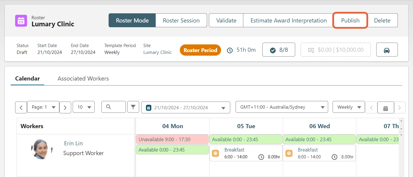Roster period Publish button