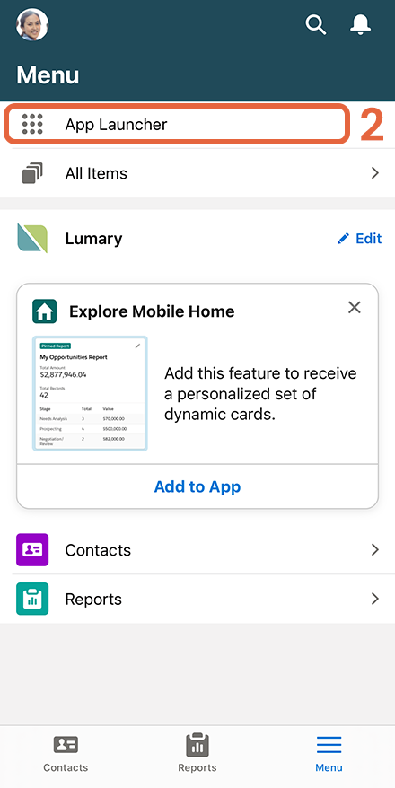 Menu screen with App Launcher highlighted
