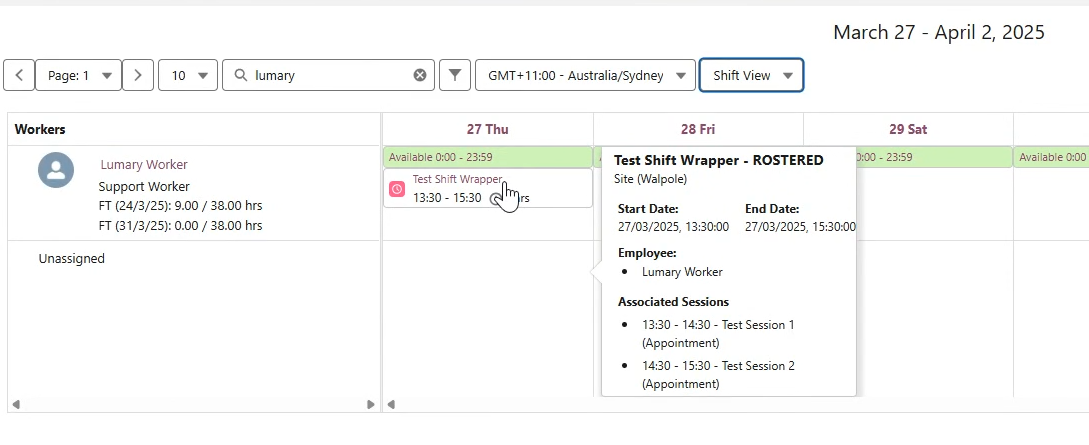 Pop up displayed when hovering over a shift
