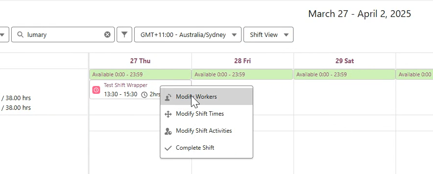 Right clicking a shift to show the Modify Workers button