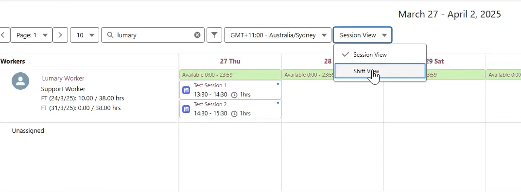 Roster calendar showing the option to change from Session View to Shift View