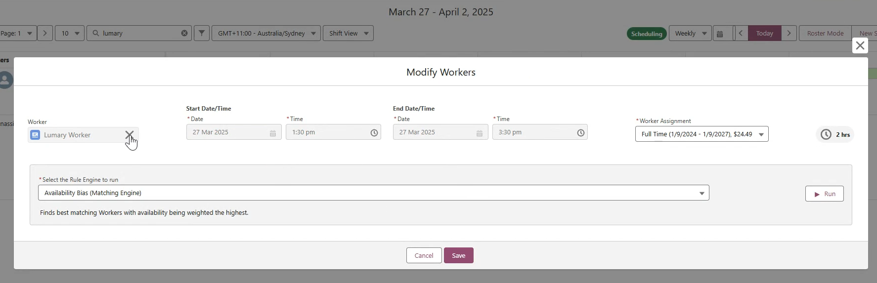 The Modify Workers screen showing where the click to remove and replace the Worker