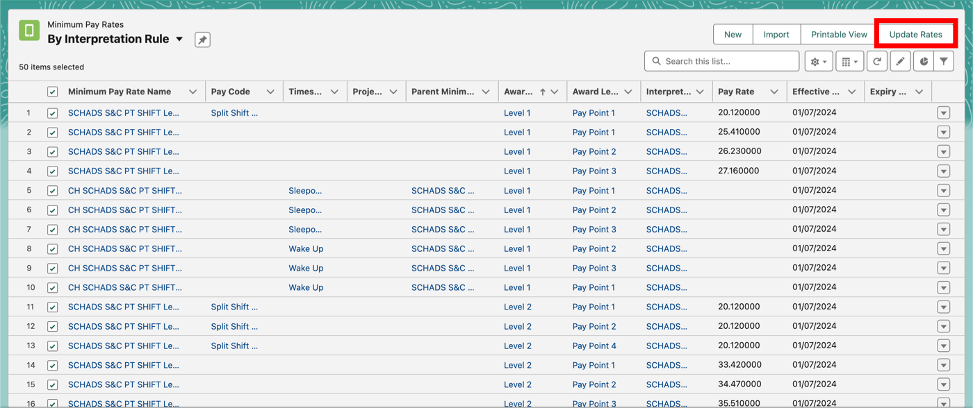 Selecting the Update Rates functionality