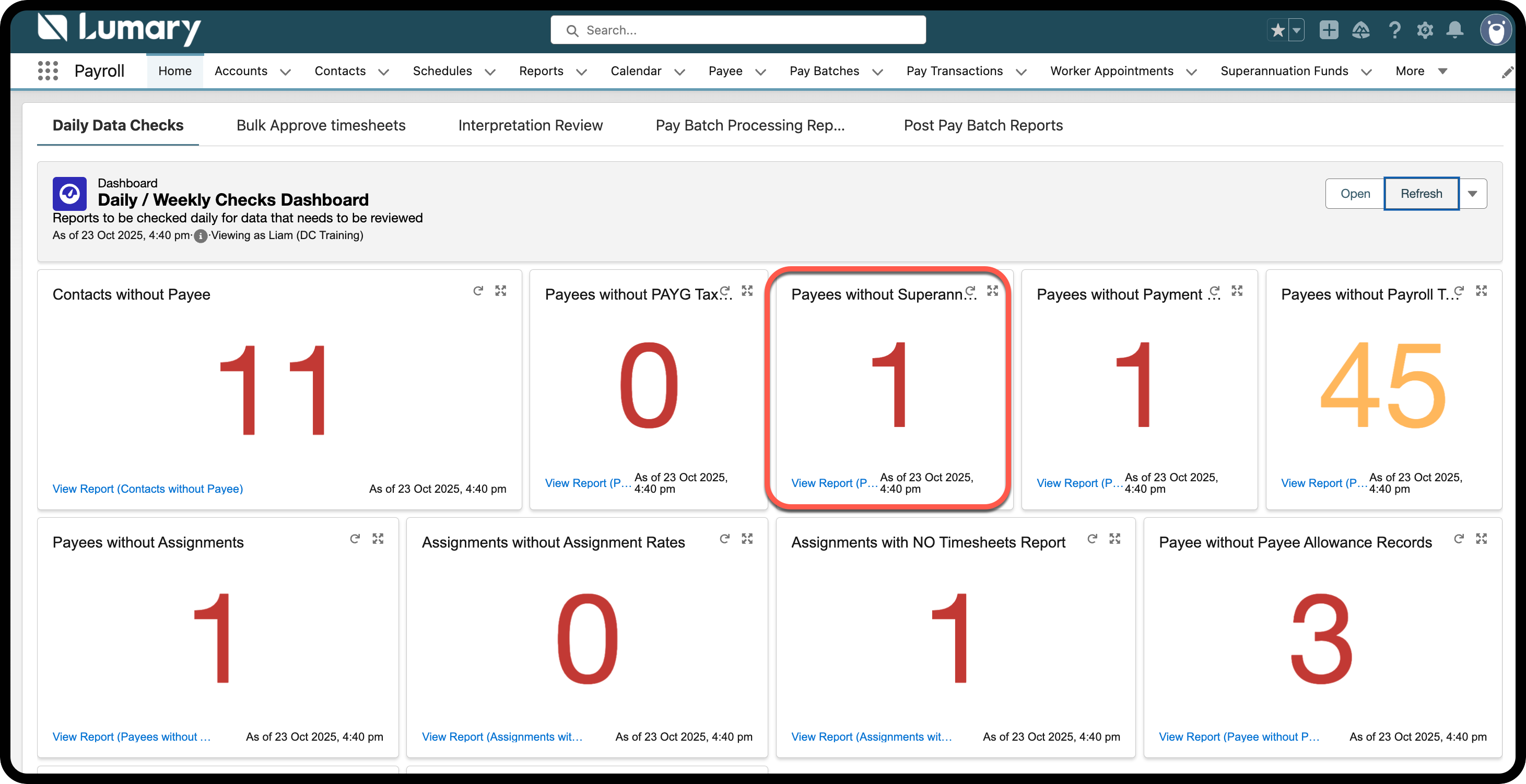 Superannuation dashboard report