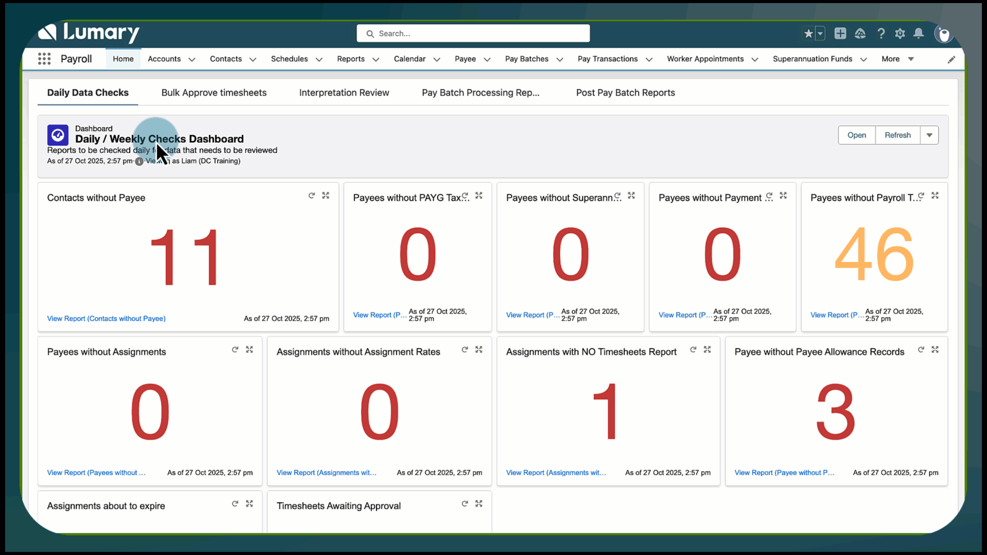 Timesheets dashboard report