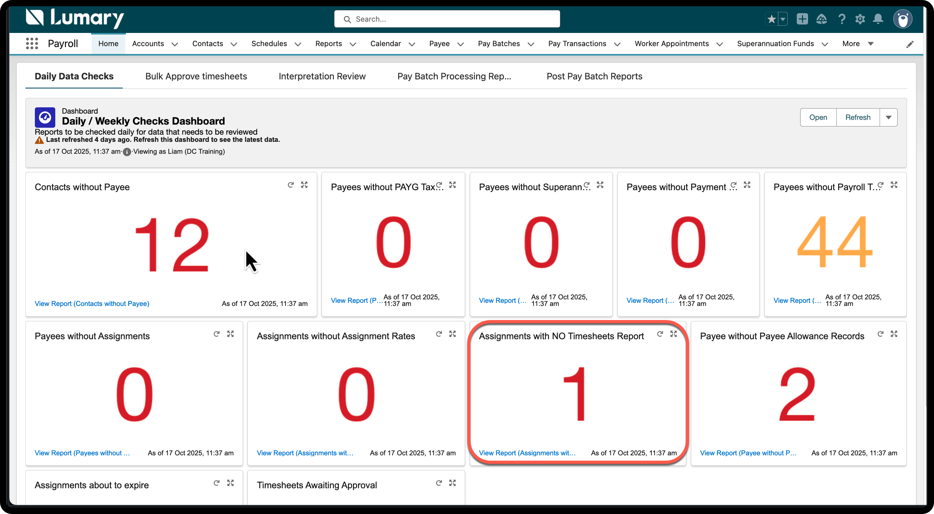 Payee without timesheets on dashboard