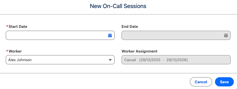 New On-Call Sessions form