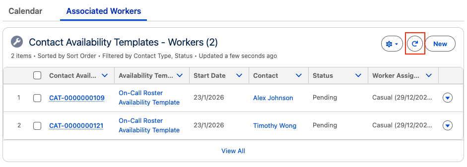 Associated Workers list with refresh button