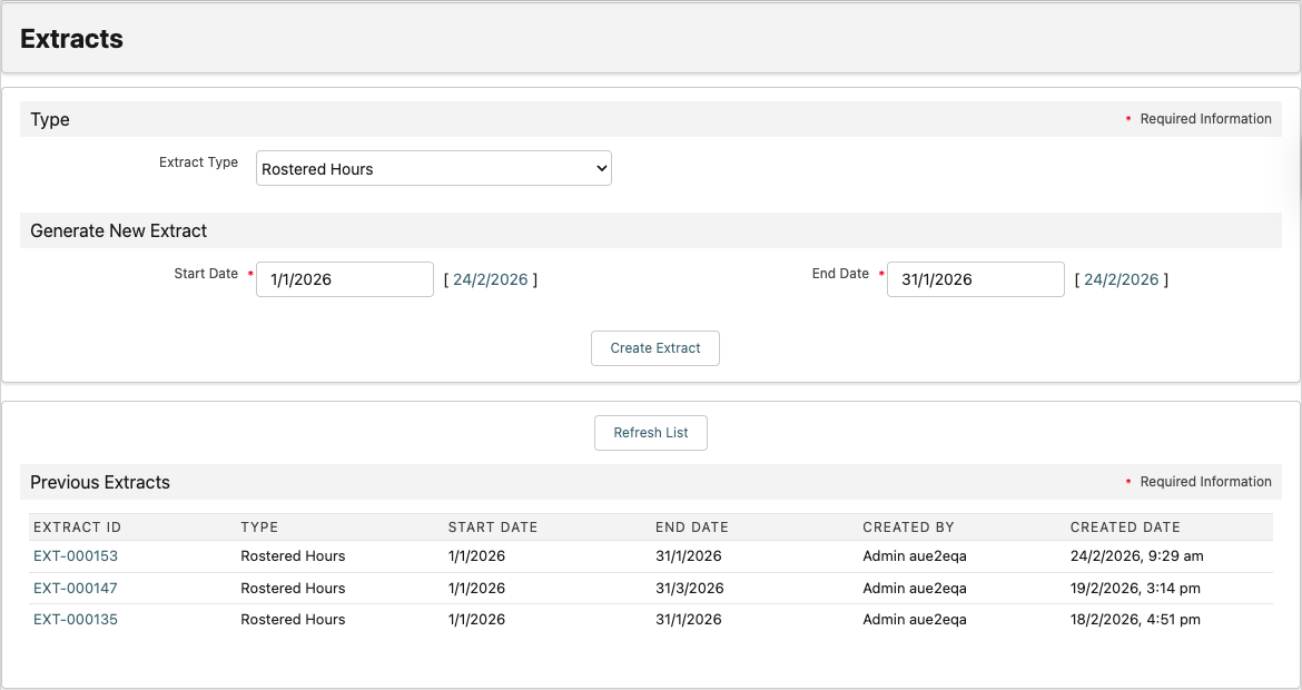 Lumary Extracts page with Rostered Hours Extract Type selected.