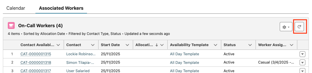 On-call Roster - Associate Workers refresh button