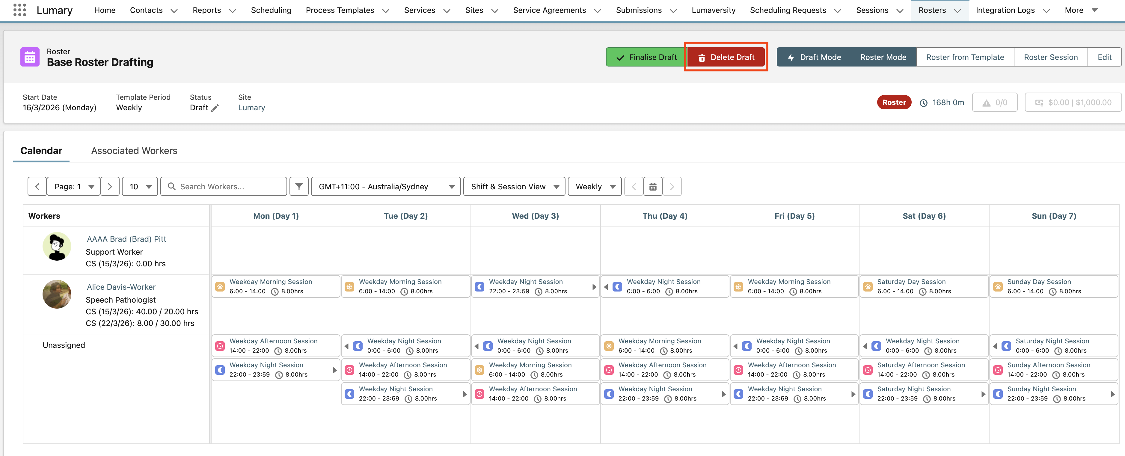 Draft Base Roster delete draft button